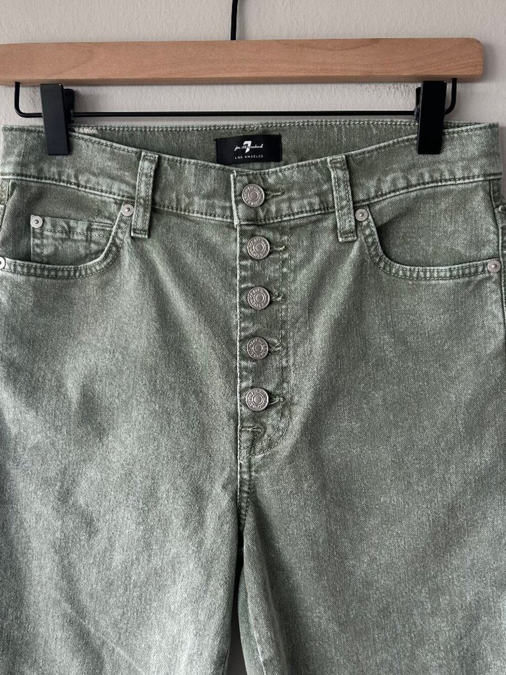7 For All Mankind High Waist Cropped Straight Jeans Green Frayed Hem Size 28 - Picture 4 of 13